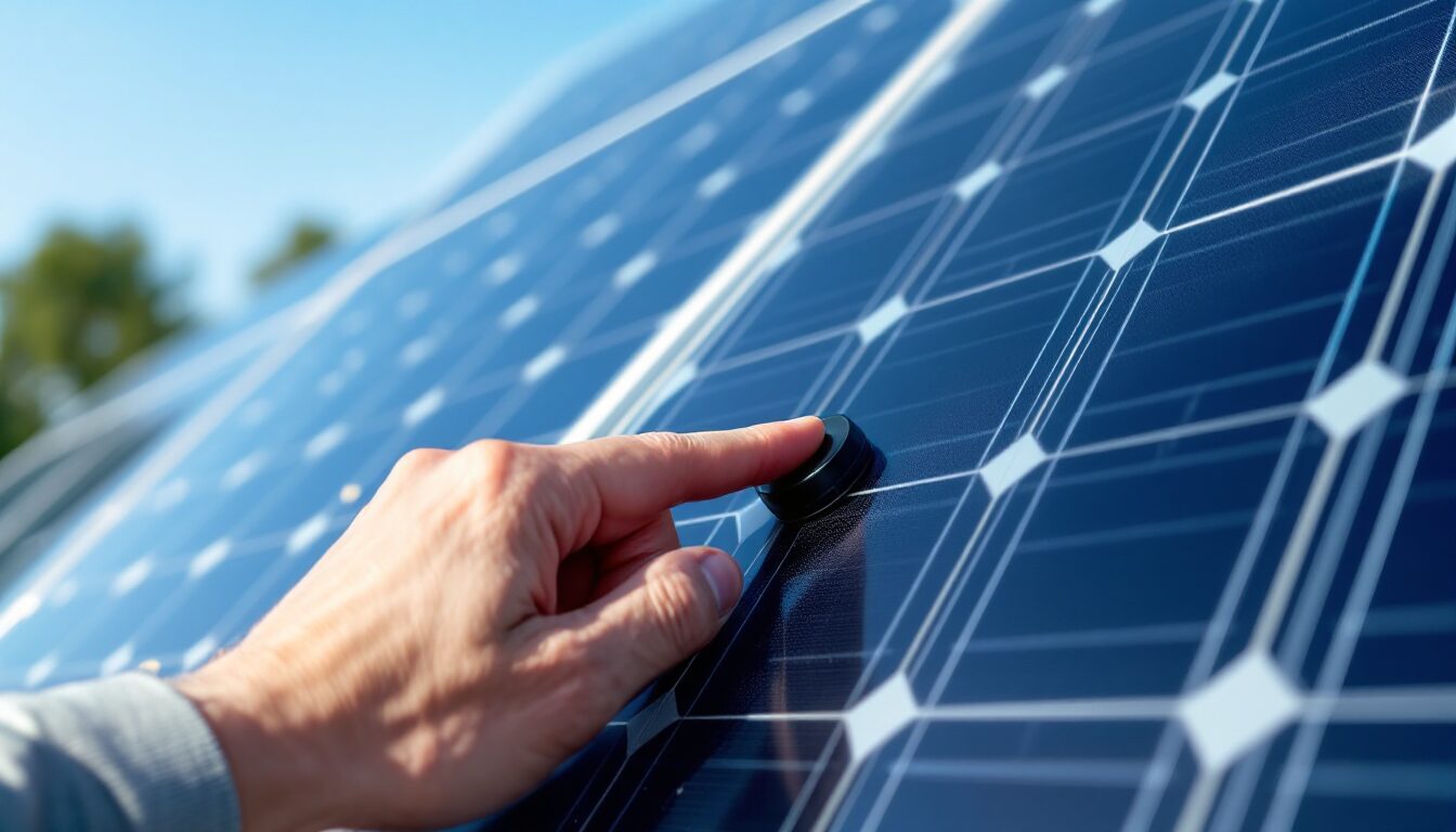 Main d’un utilisateur réglant l’inclinaison d’un panneau solaire moderne avec un bouton poussoir, en gros plan, sous un ciel clair.