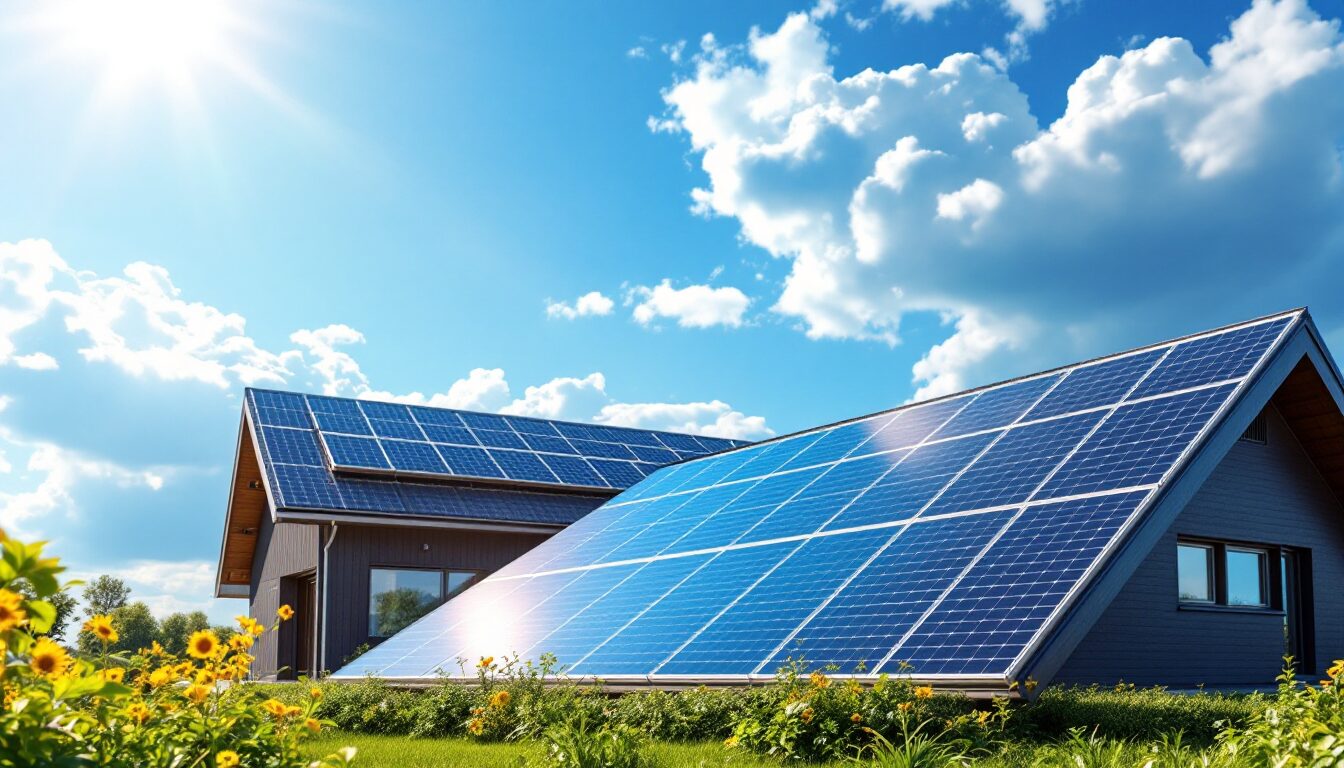 Maison moderne équipée de panneaux solaires avec ciel bleu éclatant, ambiance chaleureuse et éco-responsable
