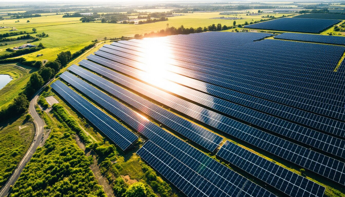 Vue aérienne d’une centrale solaire EDF en plein soleil, avec des panneaux reflétant la lumière.
