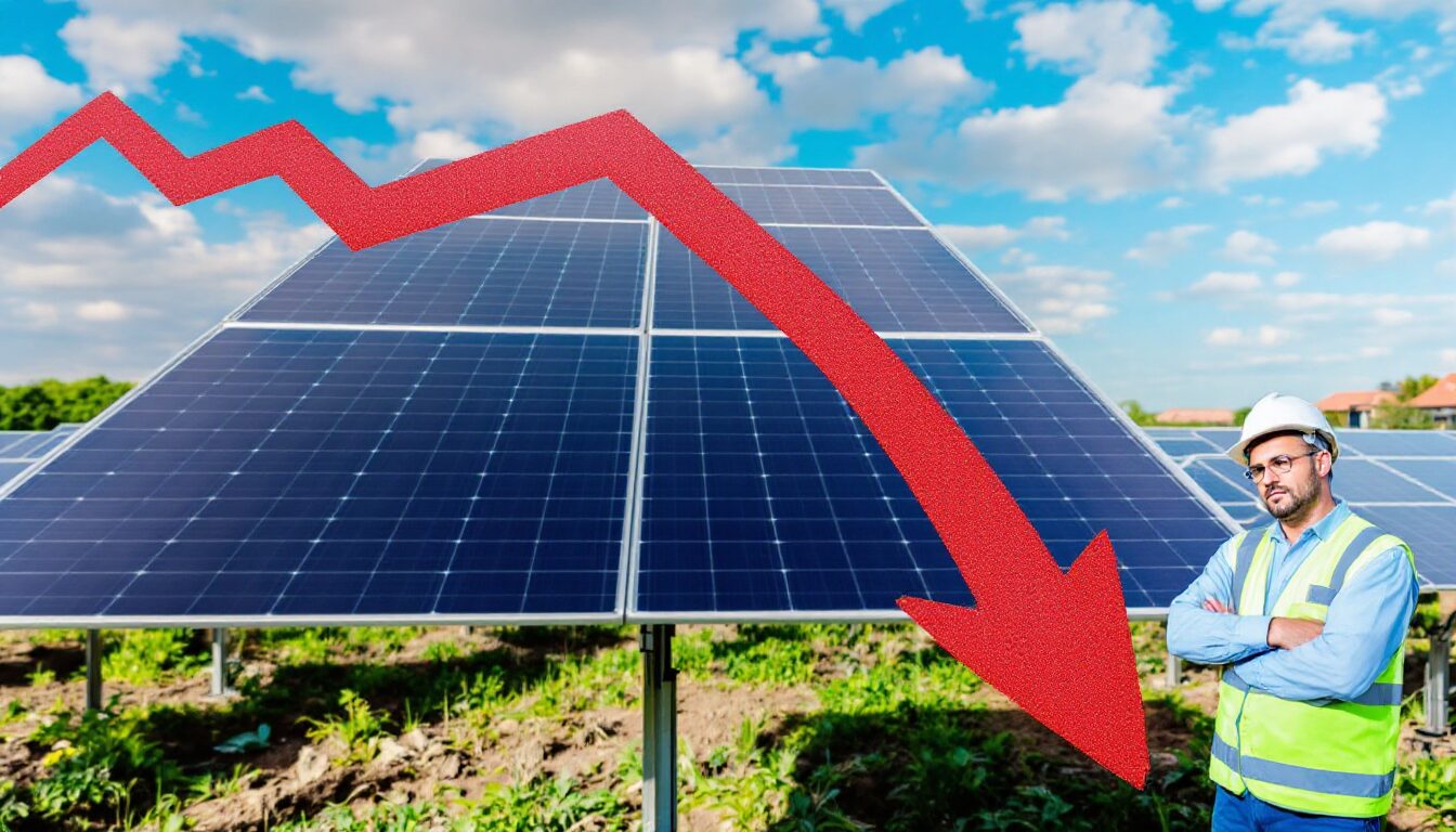 Un champ de panneaux solaires sous un ciel légèrement nuageux