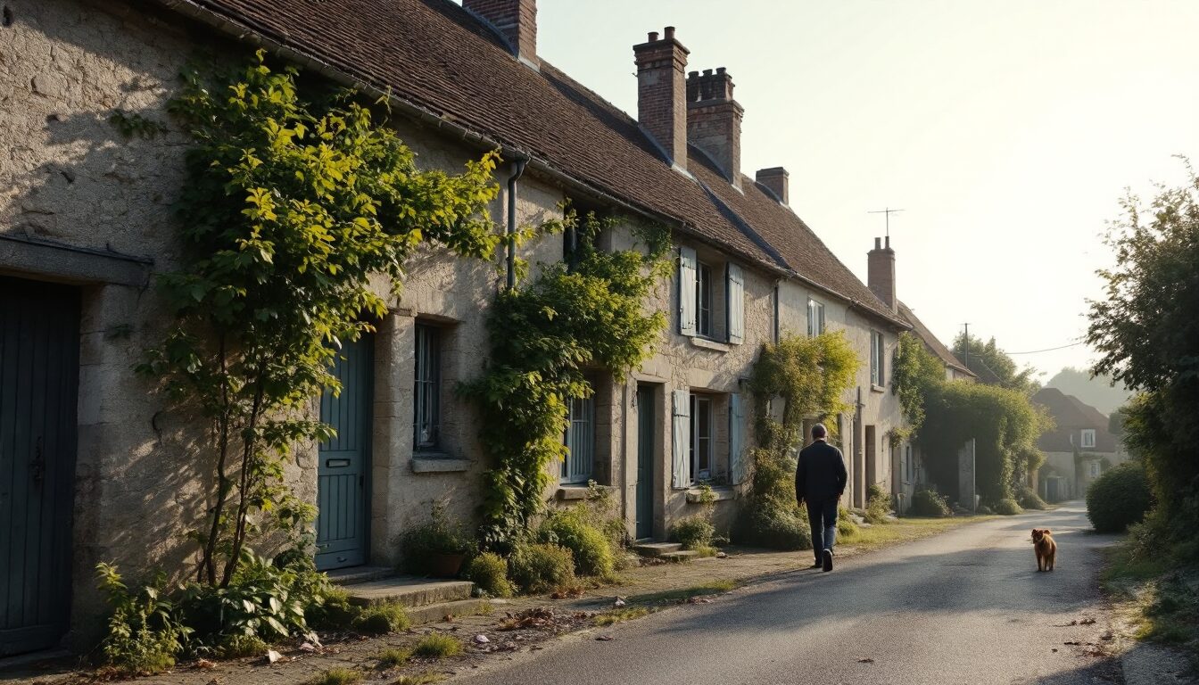 Petit village de Vendée au matin, lumière douce de 8h20, ambiance calme mais légèrement troublée. Maisons en pierre typiques, toits tuilés, ruelles étroites. Quelques habitants sortent prudemment de chez eux, observant leur environnement. Un détail visuel montre l’impact léger du séisme : objets tombés au sol à travers une fenêtre, une porte entrouverte qui a vibré, un chien inquiet près d’un portail. Aucun dégât majeur, juste signes subtils de secousse. Atmosphère réaliste, couleurs naturelles, ciel clair d’été. Style documentaire, ultra-réaliste 4K, sans texte, sans dramatisation, juste le ressenti authentique d’un séisme modéré dans un village rural français.