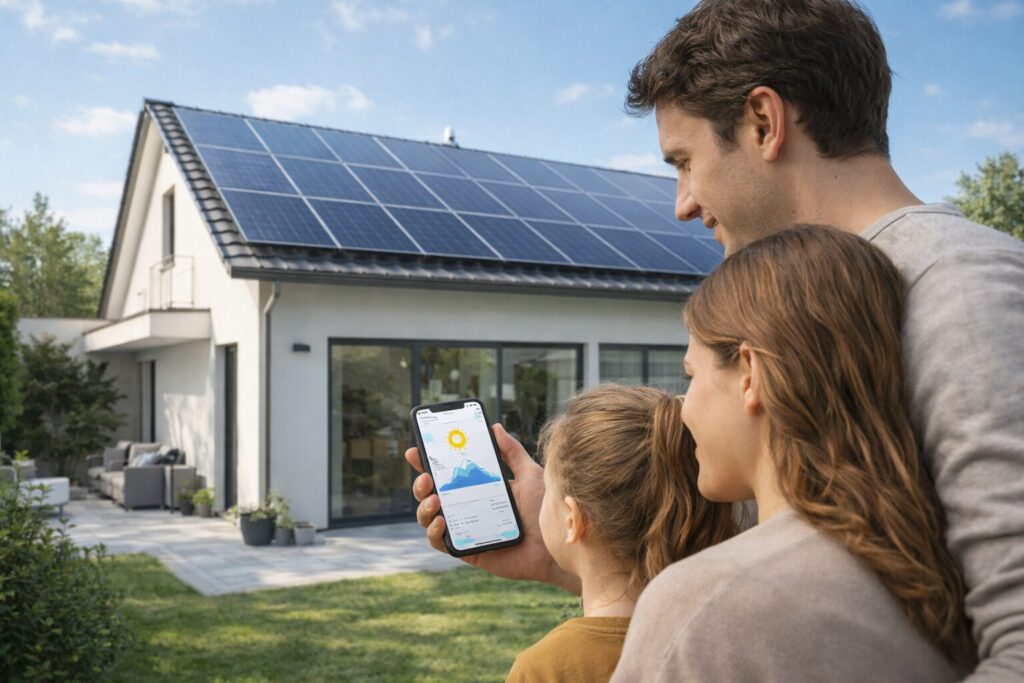 Maison individuelle moderne équipée de panneaux solaires photovoltaïques sur le toit